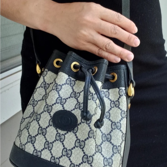 Gucci Handbags - Gucci GG Blue Leather /Canvas Bucket Bag
